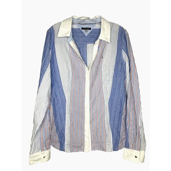 TOMMY HILFIGER Shirt Women XL Blue Red White Button Up Striped Americana - Picture 1 of 5